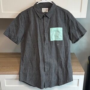 On The Byas Men's Casual Button Down Shirt Short Sleeve Gray Aqua‎ Pocket Sz M